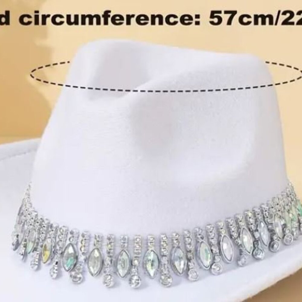 A788-NEW BLING White Felt Diamond Shape Rhinestone Drip Trim Hat adjustable insi - Picture 2 of 2